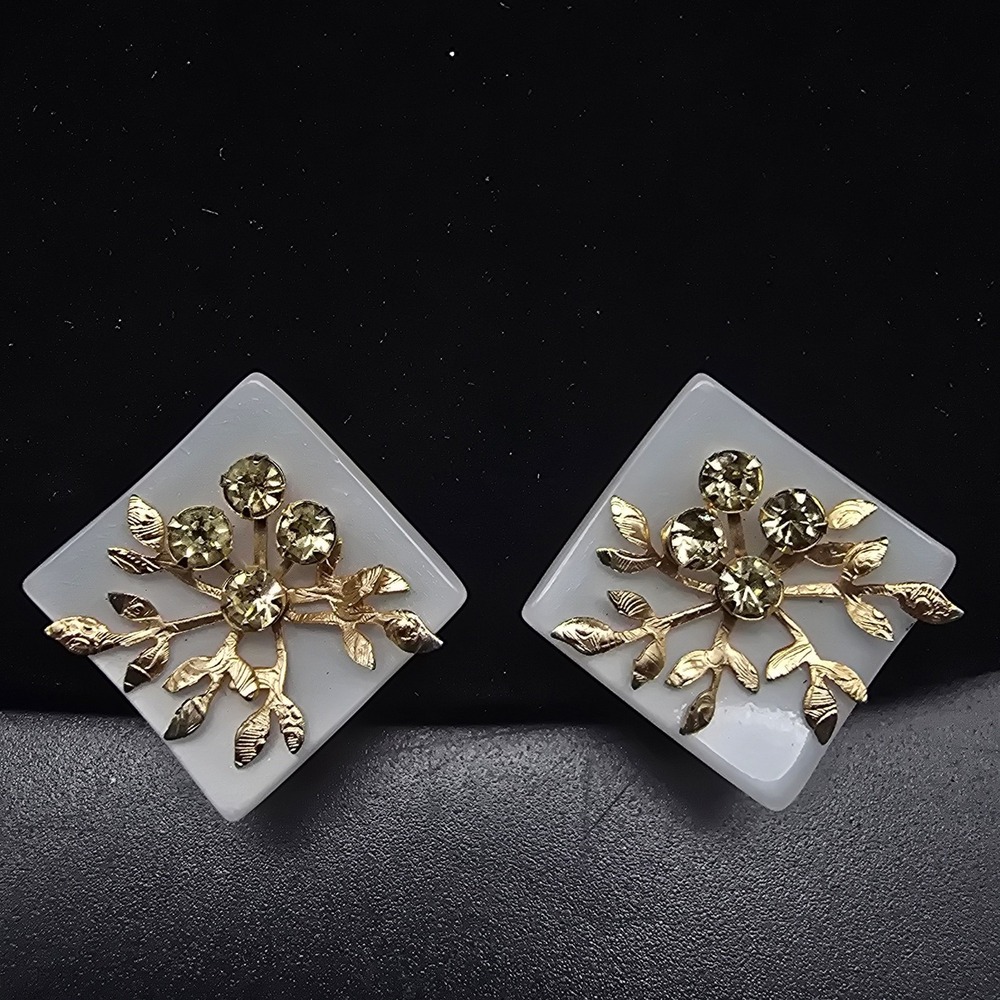 Gold Tone Rhinestone Branch Clip On Earrings on White Plastic Vintage Jewelry